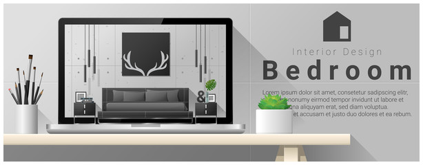 Modern bedroom interior design background , vector , illustration
