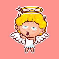 Sticker emoji emoticon, emotion, yawn, gape vector isolated illustration bored character sweet divine entity, cute heavenly angel, saint spirit, wings, radiant halo