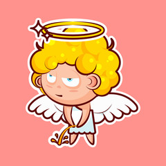 Sticker emoji emoticon, emotion pee with laid-back view vector isolated illustration character sweet divine entity, heavenly angel, saint spirit, wings, radiant halo