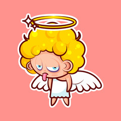 Sticker emoji emoticon emotion show tongue with sour face vector isolated illustration character unhappy divine entity, heavenly angel, saint spirit, wings, radiant halo
