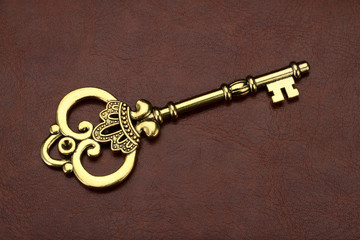 Vintage / Retro Golden Key on brown leather background