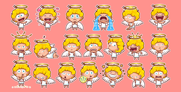 Set kit collection sticker emoji emoticon emotion vector isolated illustration happy character sweet divine entity cute heavenly angel, saint spirit, wings, radiant halo