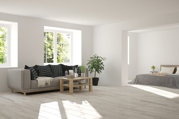 Idea of white room with sofa and summer landscape in window. Scandinavian interior design. 3D illustration