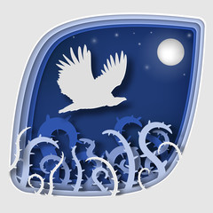 Paper art carve to bird on tree branch in forest at night, origami concept nature and animals idea, vector art and illustration.