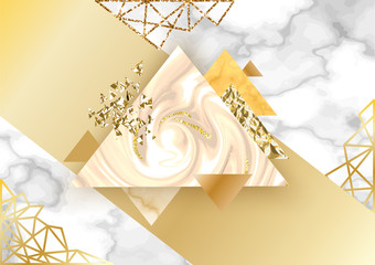 Golden backgroung for brochure, banner, marble texture in trendy minimalistic geometric style with triangles, gold lines, granite, glitter, vector fashion wallpaper