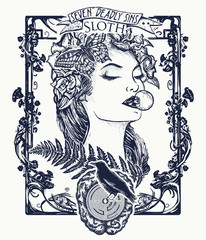 Sloth. Seven deadly sins tattoo and t-shirt design. Lazy woman, symbol of inaction, apathy, idleness, melancholy, depression, boredom, seven mortal sins. Sloth, sleeping missing beautiful girl tattoo