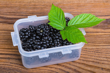 Sweet juicy blackberries in plastic container. Bramble green leaves. Rubus. Fresh ripe forest fruit in square box, wood background. Decorative natural twig. Healthy bio black berries on garden table.