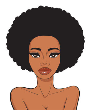 Beautiful african american woman face with afro hair in pop art comics style isolated on white background. Beauty and fashion african girl.