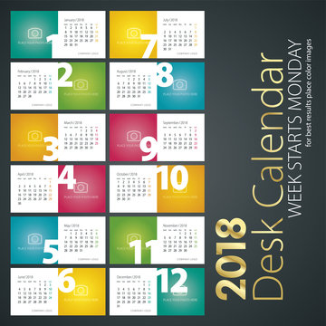 Desk Calendar 2018 week starts monday color background