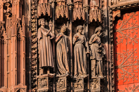 Strasbourg Cathedral (Cathedral of Our Lady of Strasbourg or Cathedrale Notre-Dame de Strasbourg, 1015 - 1439) - Roman Catholic cathedral in Strasbourg, Alsace, France. Figures from the Main Portal.