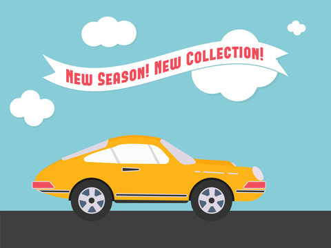 Retro styled sport car with the promo advertisement retro ribbon. Flat design illustration. Perfect for web banners and advertisement. 