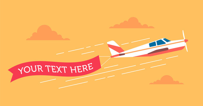 Retro styled plane with the ribbon. Flat design illustration. Perfect for web banners and advertisement. 