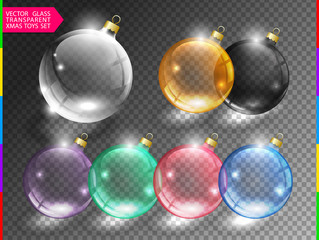 Glass christmas tree ball toy set on transparent background. Different color glossy christmas globe icon. Vector clip art