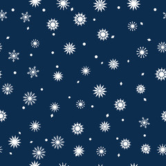 Simple seamless pattern of snowflakes on a dark blue background. Abstract wallpaper, wrapping decoration. Symbol of winter, Merry Christmas holiday, Happy New Year celebration Vector illustration