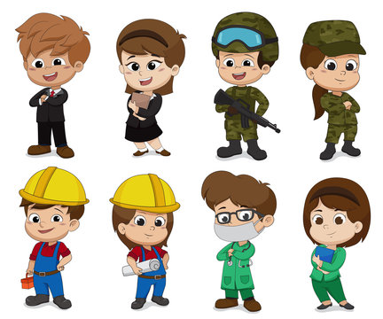 Kid of different professions.[Business,Soldier,Engineer,Doctor]