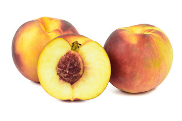 Ripe peaches on white background