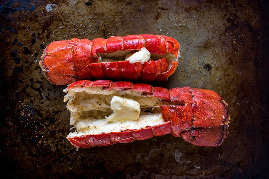 Two Cooked Red Lobster Tails With Butter Top View