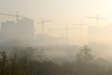 Cranes over new buildings in the early foggy morning.