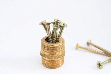 This are screws stand in a nut on a white background