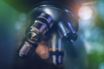 Laboratory Equipment - Optical Microscope. Microscope is used for conducting planned, research experiments, educational demonstrations in medical and health institutions, laboratories. Close up photo.