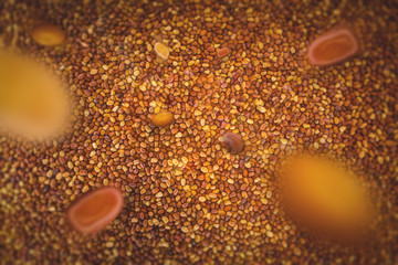 Red and yellow beans grains fall on the surface. A lot of harvest.