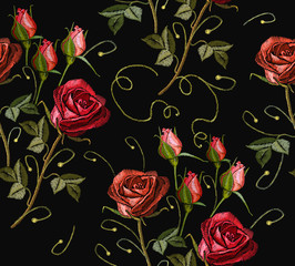 Embroidery red roses vector seamless pattern. Template for clothes, textiles, t-shirt design. Beautiful buds of red roses classical embroidery on black background