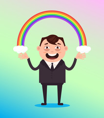 Happy smiling office worker man character businessman have inspiration imagination and hold rainbow. Vector flat cartoon illustration