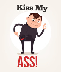 Daring office worker man character showing kiss my ass. Vector flat cartoon illustration