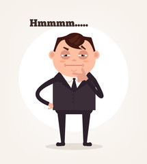 Office worker businessman character suspect and thinking. Vector flat cartoon illustration