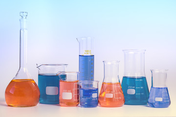 Chemical and Medical laboratory research.  glassware with colorful liquids and reagents. laboratory beakers and glassware 