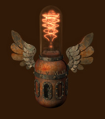 Rendered steampunk style Edison lamp with decorative wings and clock mechanism