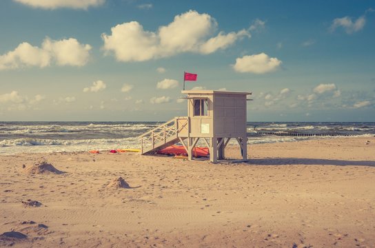 Lifeguard shed on Baltic coast, Row,y Poland