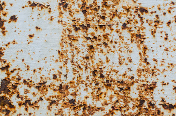 Old white paint on a rusty metal plate, texture
