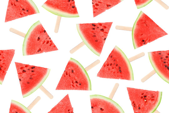 watermelon seamless, pieces of ripe red watermelon on a white background, high quality photo
