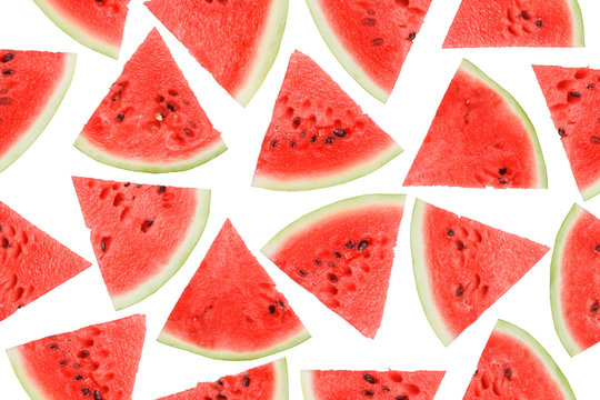 watermelon seamless, pieces of ripe red watermelon on a white background, high quality photo