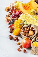 Fall autumn harvest background with pumpkin apple chestnut corn