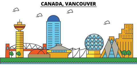 Fototapeta premium Canada, Vancouver. City skyline: architecture, buildings, streets, silhouette, landscape, panorama, landmarks. Editable strokes. Flat design line vector illustration concept. Isolated icons