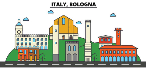 Italy, Bologna. City skyline: architecture, buildings, streets, silhouette, landscape, panorama, landmarks. Editable strokes. Flat design line vector illustration concept. Isolated icons © iconsgraph