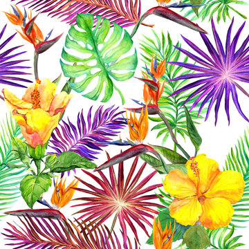 Tropical leaves, exotic flowers. Seamless jungle pattern. Watercolor