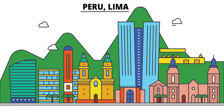 Peru, Lima. City Skyline: Architecture, Buildings, Streets, Silhouette, Landscape, Panorama, Landmarks. Editable Strokes. Flat Design Line Vector Illustration Concept. Isolated Icons