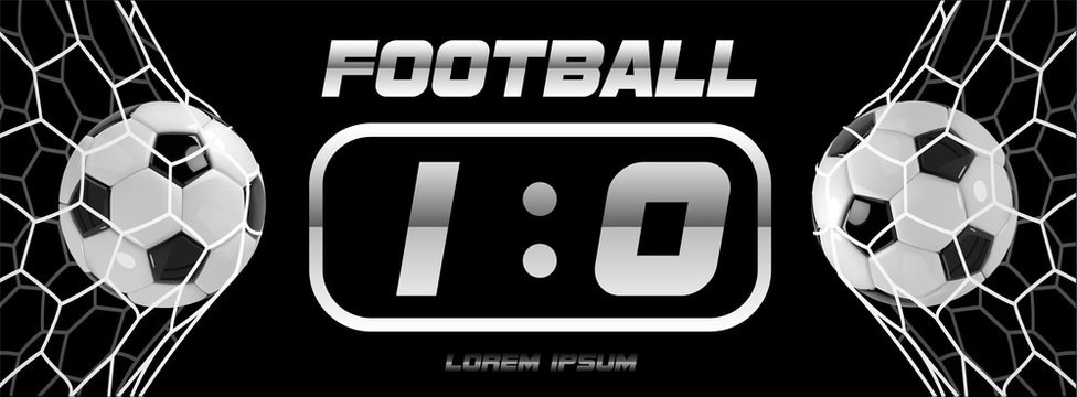 Soccer or Football White Banner With 3d Ball and Scoreboard on white background. Soccer game match goal moment with ball in the net.