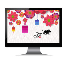 Chinese new year with blossom on monitor. Year of the dog 2018