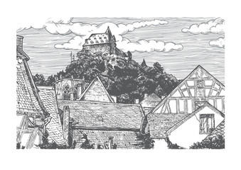 Engraved vector illustration of old village