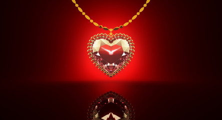 3D Rendering of Red Ruby heart shape diamond necklace