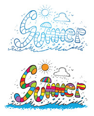 Hand drawing summer text. Colorful summer & line art summer text are layered separately.