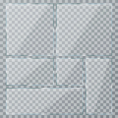Glass plate set on transparent background. Clear glass showcase. Realistic window mockup