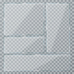 Glass plate set on transparent background. Clear glass showcase. Realistic window mockup