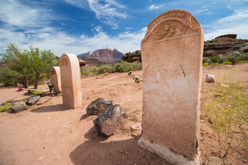 Blank gravestones in the cemetery of a desert ghost town