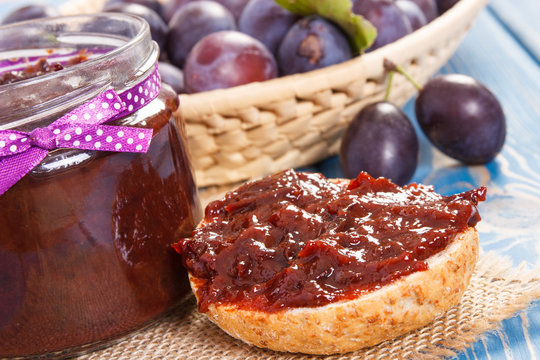 Sandwiches with plum marmalade or jam, healthy sweet snack concept