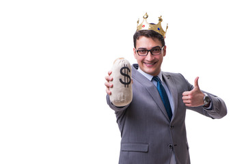 King businessman holding money bag isolated on white background